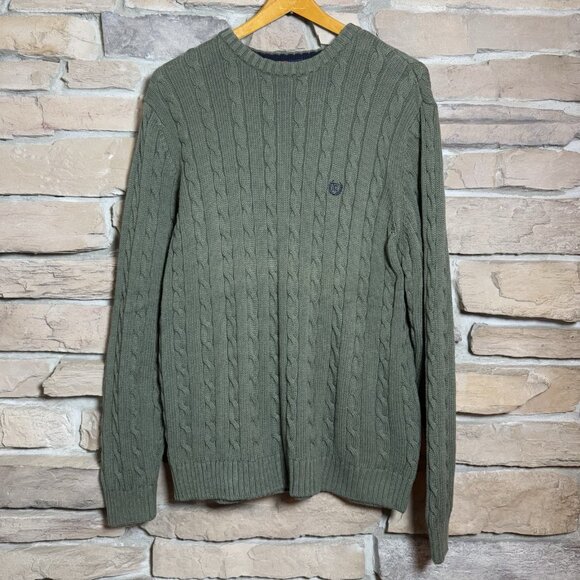 Vintage 90s Chaps Men’s Sweater Large Green Cable Knit 100% Cotton Crewneck - Picture 1 of 7